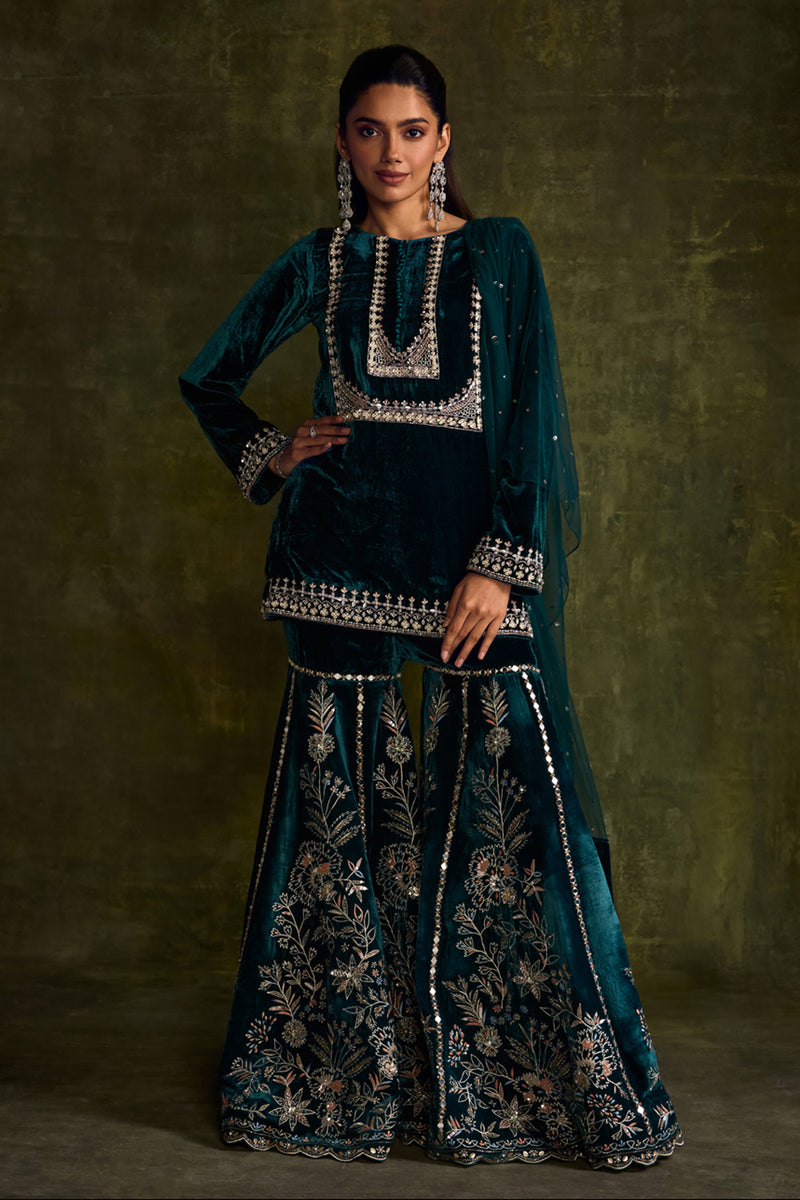 Teal Velvet Sharara Set