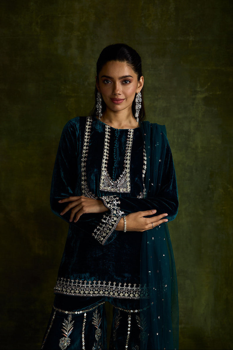 Teal Velvet Sharara Set