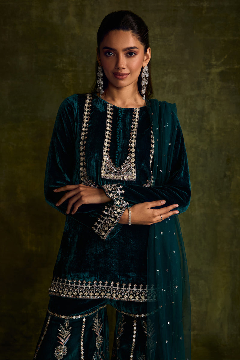 Teal Velvet Sharara Set