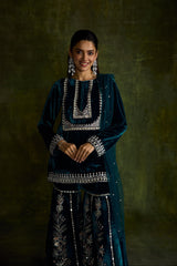 Teal Velvet Sharara Set