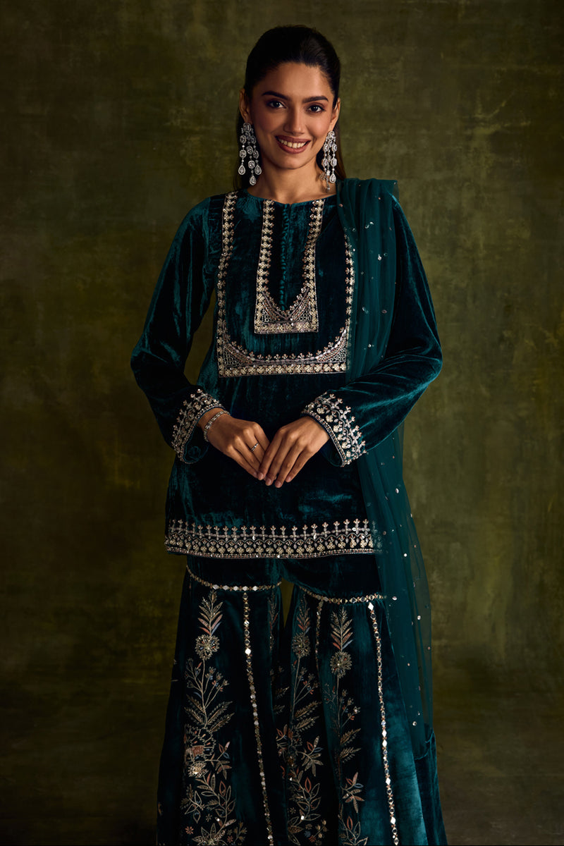 Teal Velvet Sharara Set