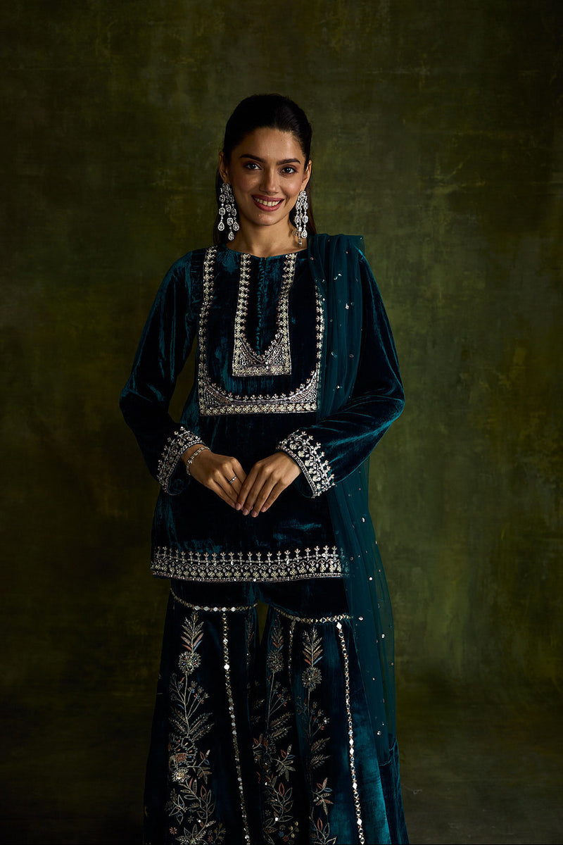 Teal Velvet Sharara Set