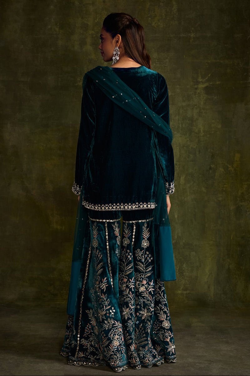 Teal Velvet Sharara Set