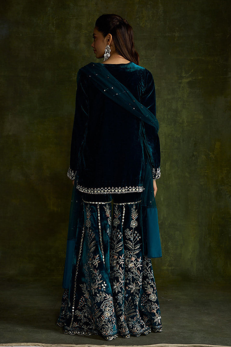 Teal Velvet Sharara Set