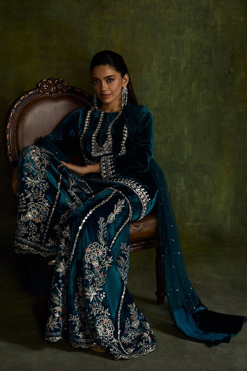 Teal Velvet Sharara Set