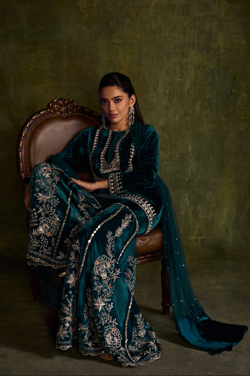 Teal Velvet Sharara Set