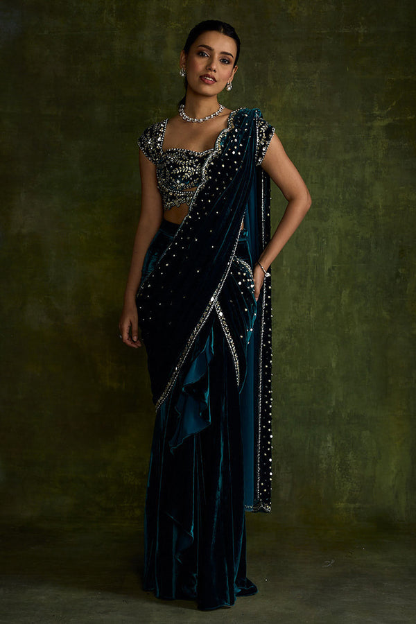 Turquoise Velvet Pre-Draped Saree