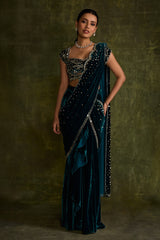 Turquoise Velvet Pre-Draped Saree