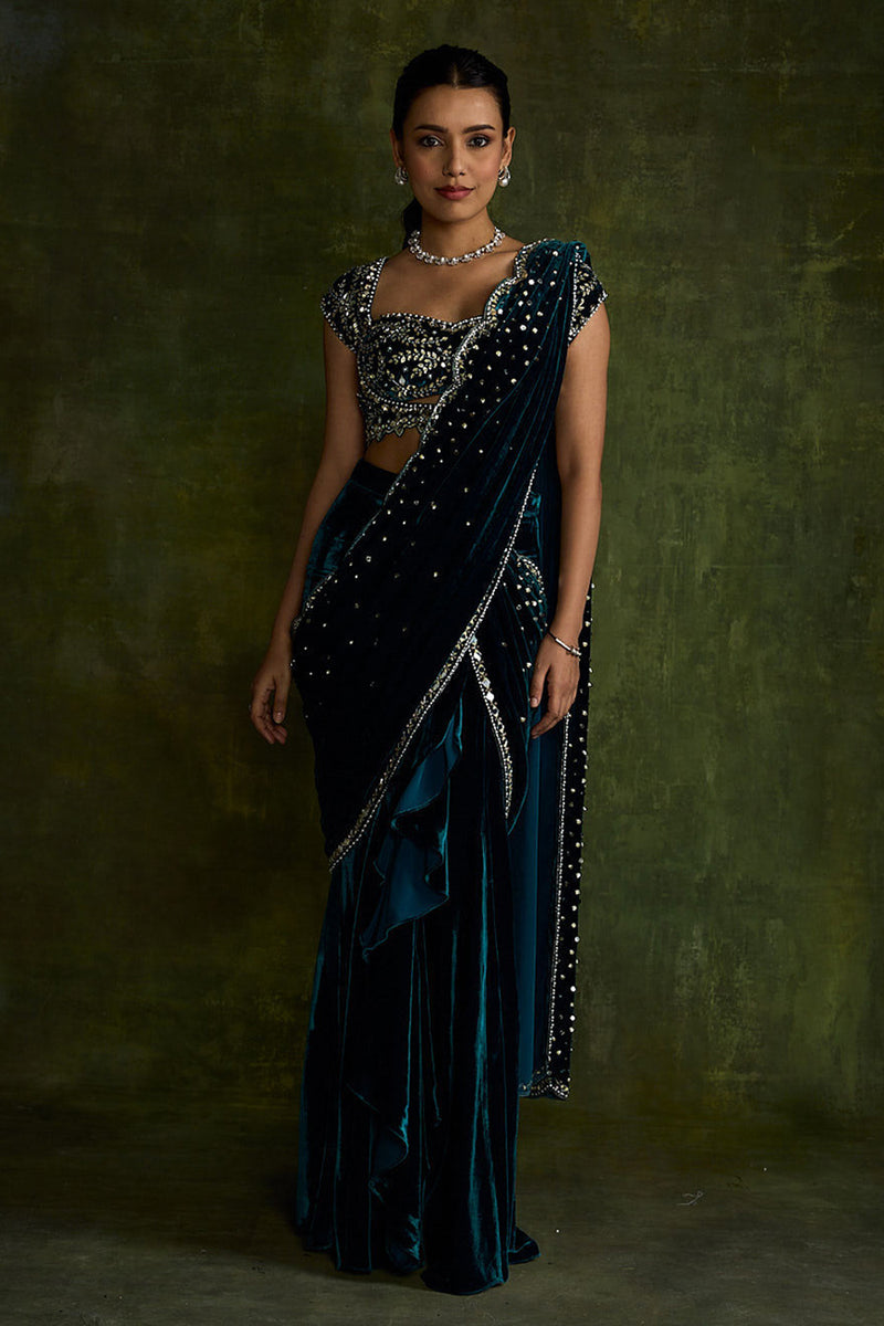 Turquoise Velvet Pre-Draped Saree