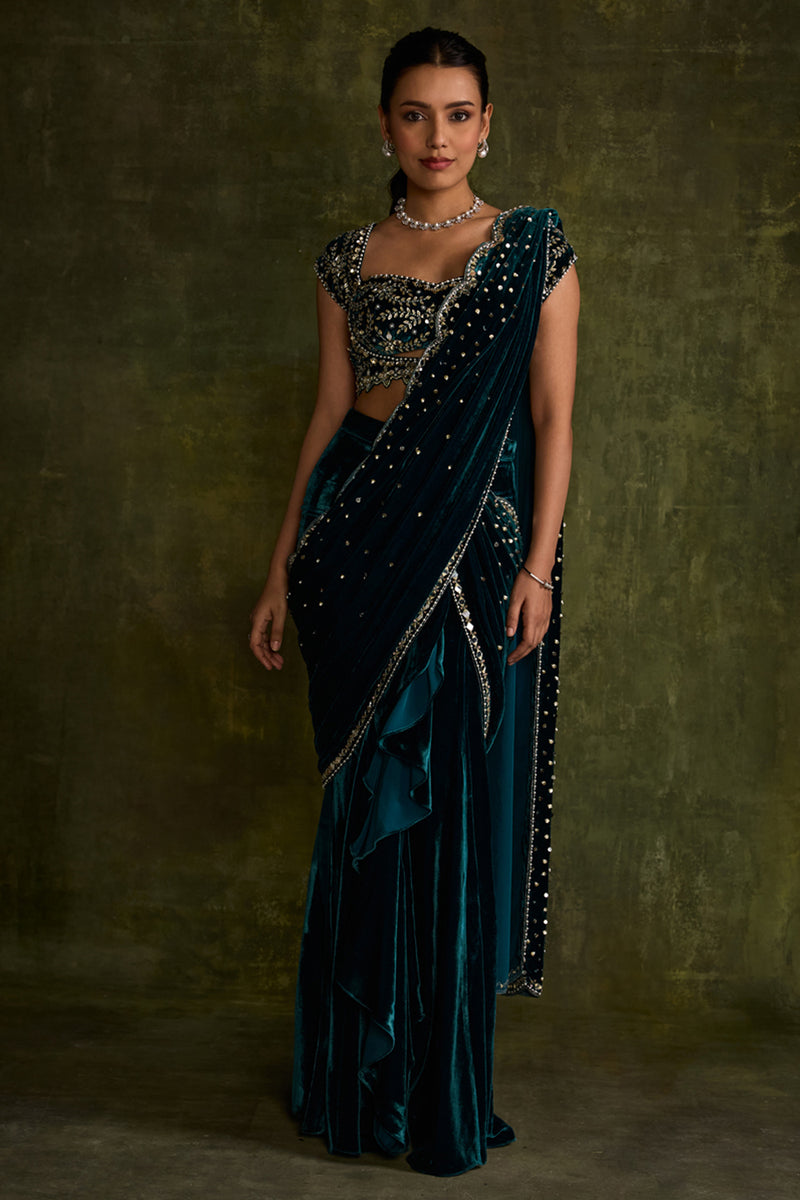 Turquoise Velvet Pre-Draped Saree