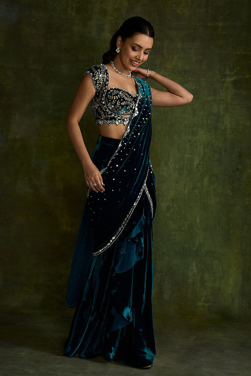 Turquoise Velvet Pre-Draped Saree