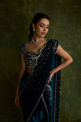 Turquoise Velvet Pre-Draped Saree