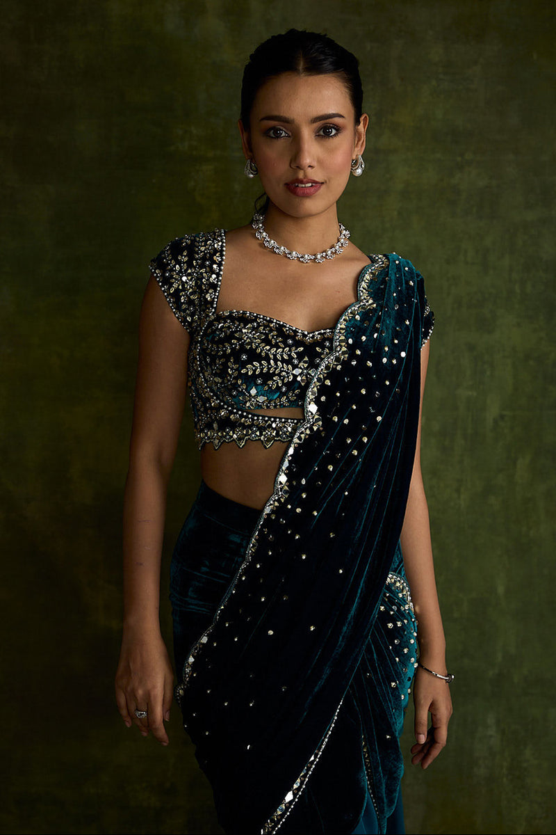 Turquoise Velvet Pre-Draped Saree