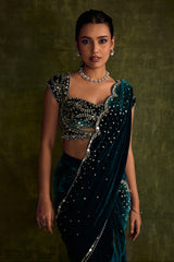 Turquoise Velvet Pre-Draped Saree