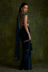 Turquoise Velvet Pre-Draped Saree