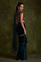 Turquoise Velvet Pre-Draped Saree