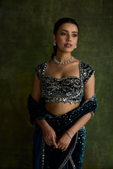 Turquoise Velvet Pre-Draped Saree