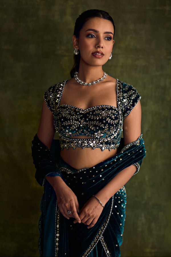 Turquoise Velvet Pre-Draped Saree