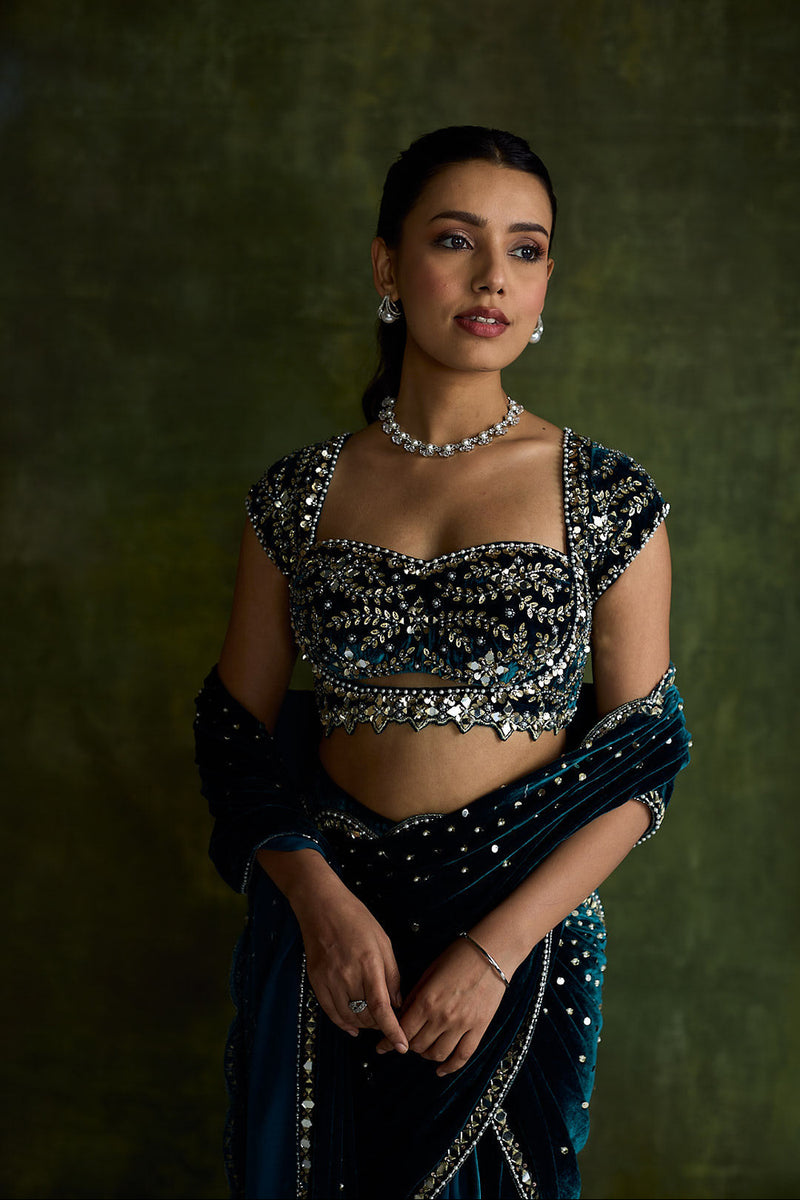 Turquoise Velvet Pre-Draped Saree