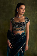 Turquoise Velvet Pre-Draped Saree