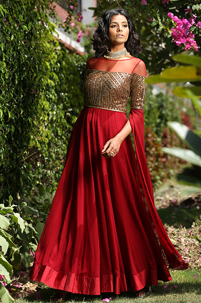 Maroon Cape Sleeves Gown