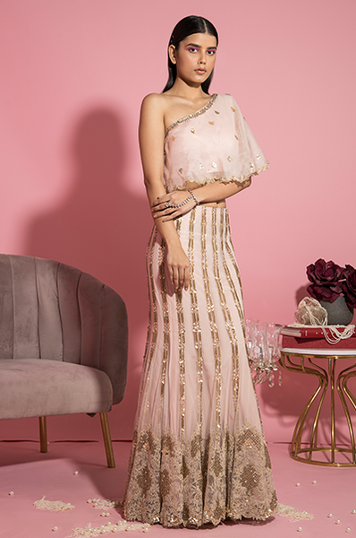 Lavender One shoulder modern dress with mirror work – Indi Ethnics