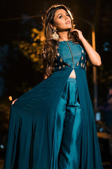 Teal Green Front Open Anarkali with Chanderi Pants