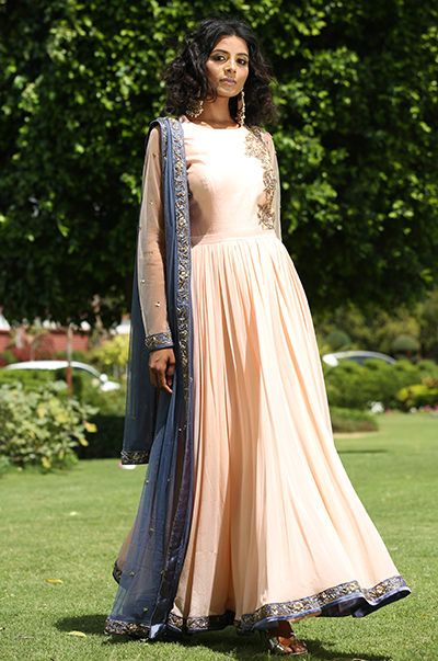 Peach And Grey Embroidered Anarkali