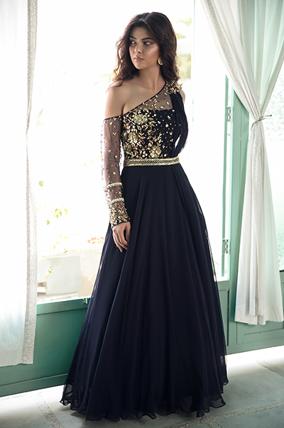 Midnight blue one shoulder gown with attached dupatta