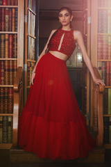 Amna Sharif in Red Halter Sequins Embellished Blouse and Lehenga Set