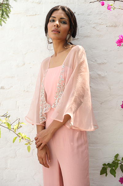 Pale Pink jumpsuit with attached organza cape set