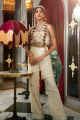 Ivory Tiered Pants with Embroidered Top and Bustier Set