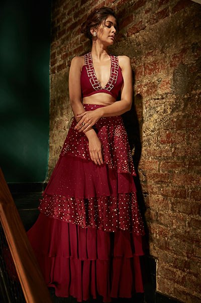 Burgundy Layered Lehenga and Bustier Set