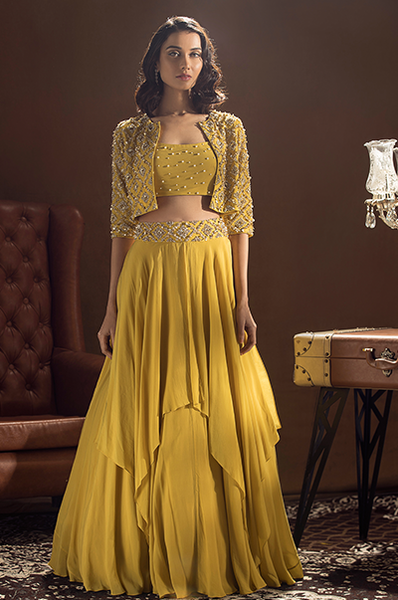 Mustard Crop Top with Flared Sleeves and Palazzo Set