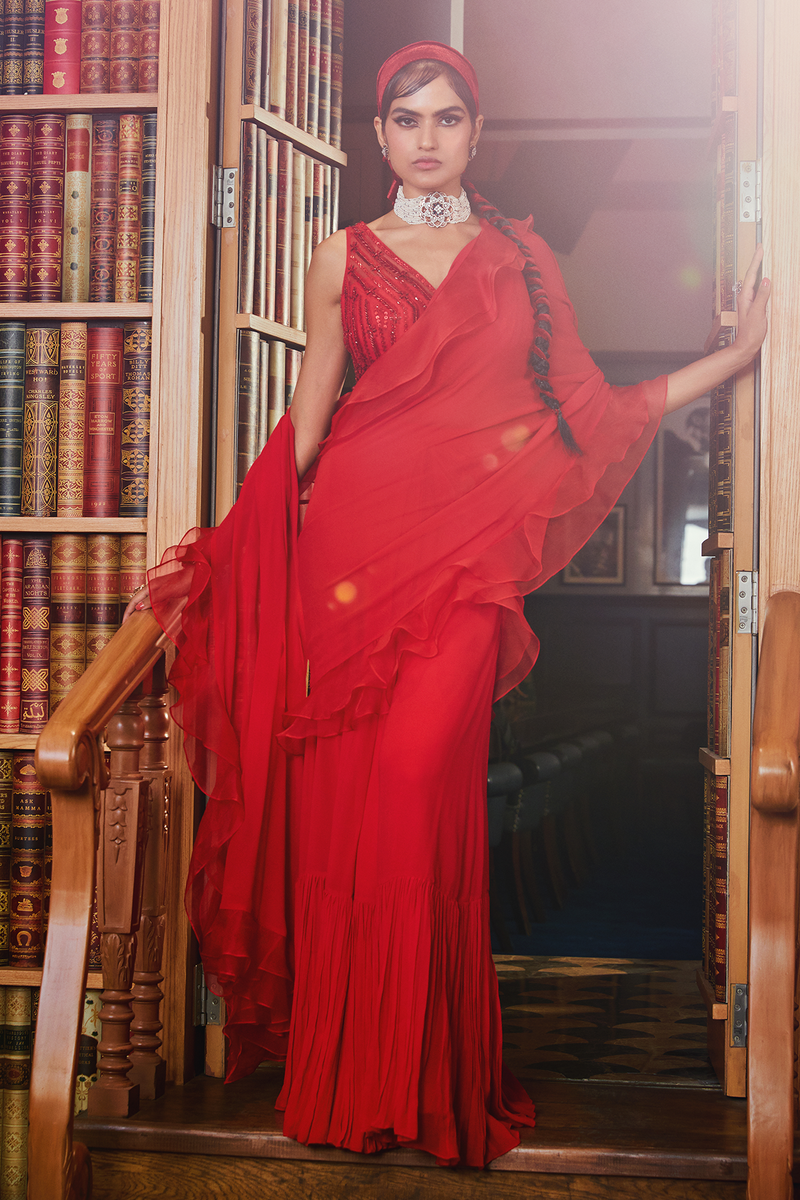 Red Pre Stitched Ruffled Saree with Blouse