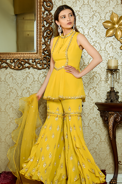 Mustard Kurti with Embroidered Flared Pants Set