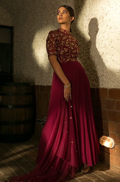 Burgundy High Neck Gown Sanya Gulati