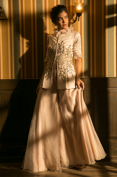 Wedding Plazo Top Coat Cream Crop Top Plazo With Jacket