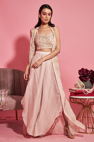 Nude Pink Bustier Cape and Dhoti Pants Set