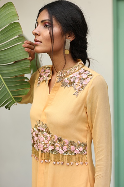 Pale yellow asymmetrical embroidered shirt with palazzo pants set