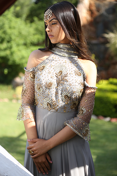 Buy Online Ash Grey Cold Shoulder Gown Sanya Gulati