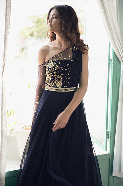 Midnight blue one shoulder gown with attached dupatta Sanya Gulati Midnight blue one shoulder gown with attached dupatta Sanya Gulati