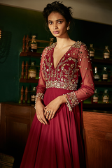 Burgundy Gown With Attached Dupatta