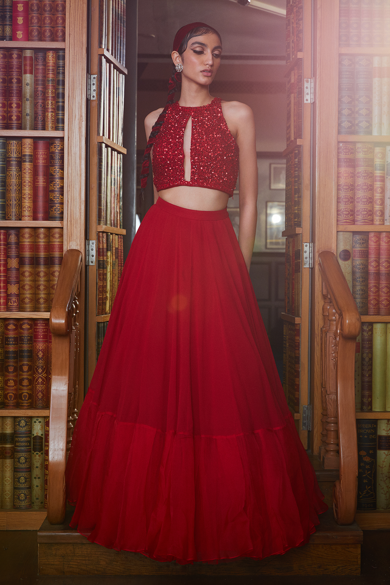 Amna Sharif in Red Halter Sequins Embellished Blouse and Lehenga Set