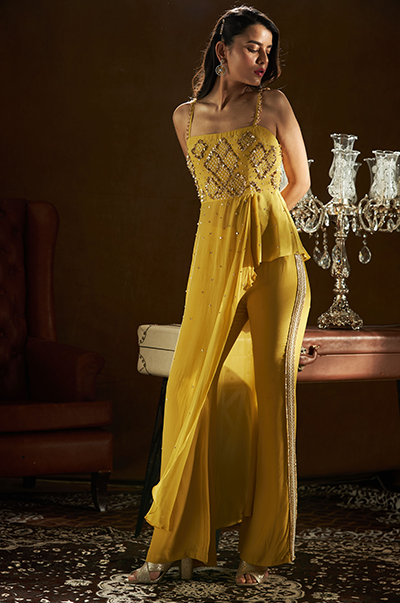 Mustard Pleated Top with Bell Bottom Pants1