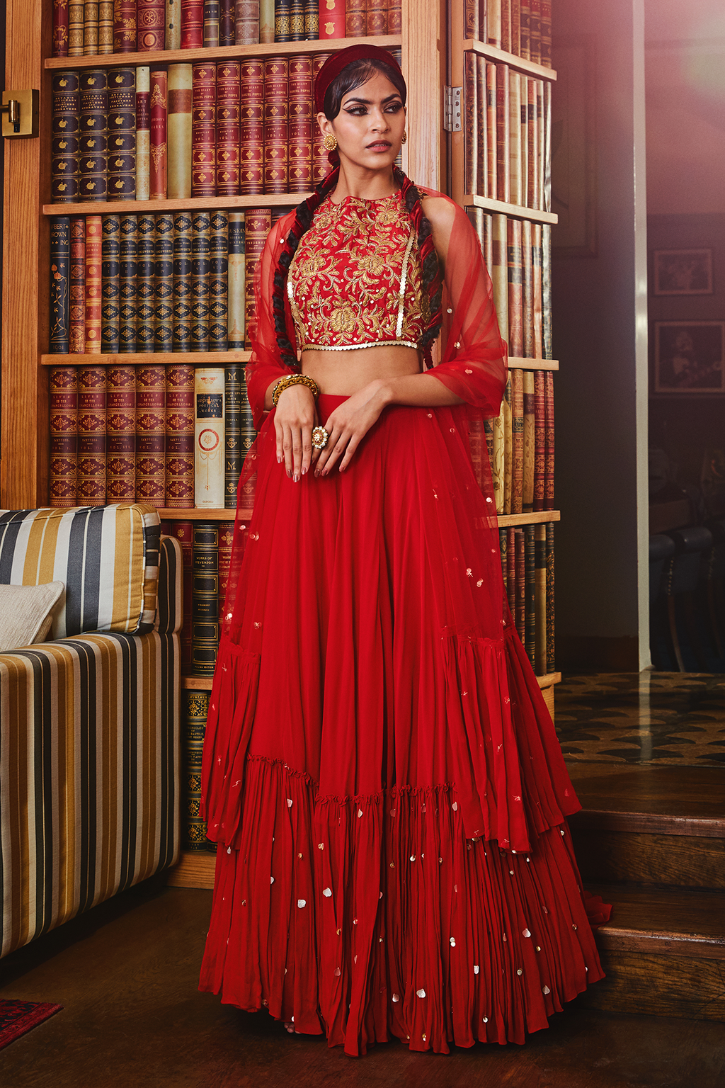 Indigo jacket-blouse with red embroidered lehenga – Panache Haute Couture