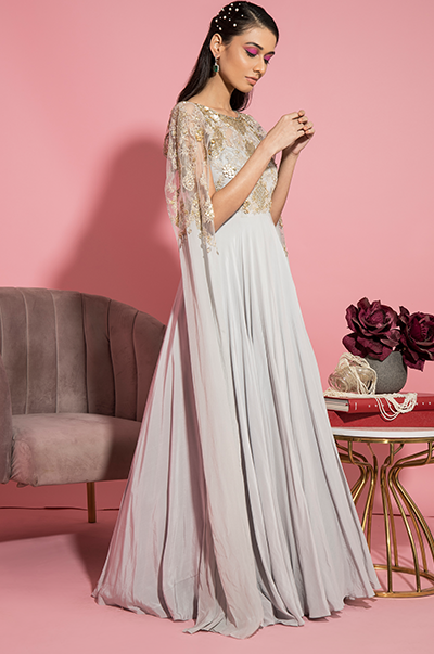 Grey Embroidered Gown with Attached Sleeves