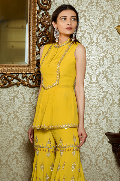 Mustard Kurti with Embroidered Flared Pants Set