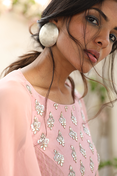 Pale pink crop top with flared sleeves and grey palazzo set – Sanya Gulati
