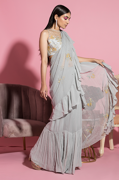 Grey Embroidered Ruffle Saree and Blouse